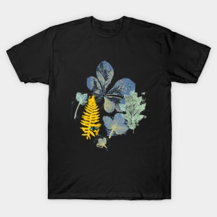 forest leaves gelli print - blue-yellow T-Shirt